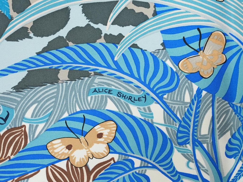 Hermes Scarf Jaguar Quetzal 90 cm Christine Henry silk blue animal Carre 057