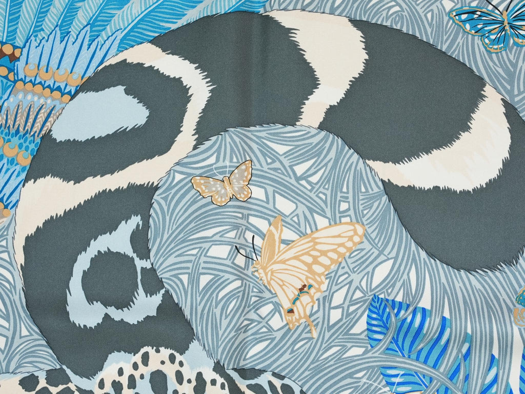 Hermes Scarf Jaguar Quetzal 90 cm Christine Henry silk blue animal Carre 057