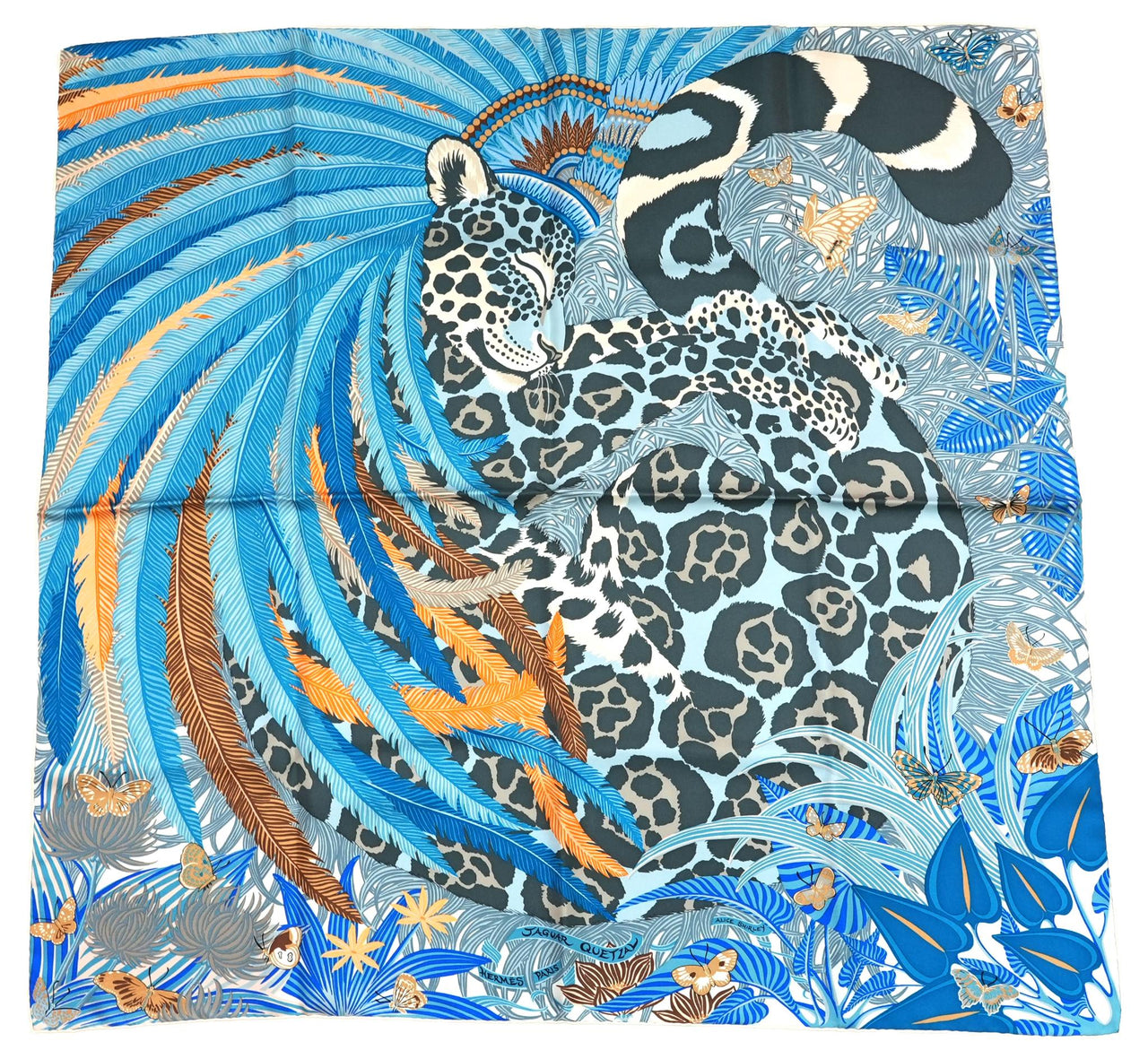 Hermes Scarf Jaguar Quetzal 90 cm Christine Henry silk blue animal Carre 057