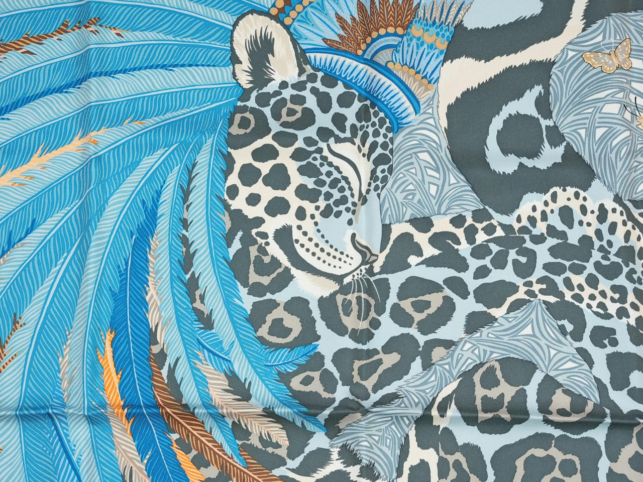 Hermes Scarf Jaguar Quetzal 90 cm Christine Henry silk blue animal Carre 057