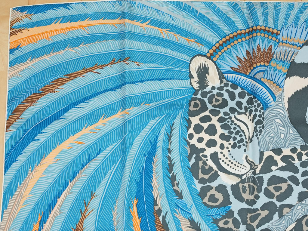 Hermes Scarf Jaguar Quetzal 90 cm Christine Henry silk blue animal Carre 057