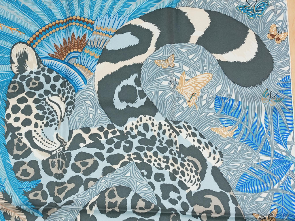 Hermes Scarf Jaguar Quetzal 90 cm Christine Henry silk blue animal Carre 057