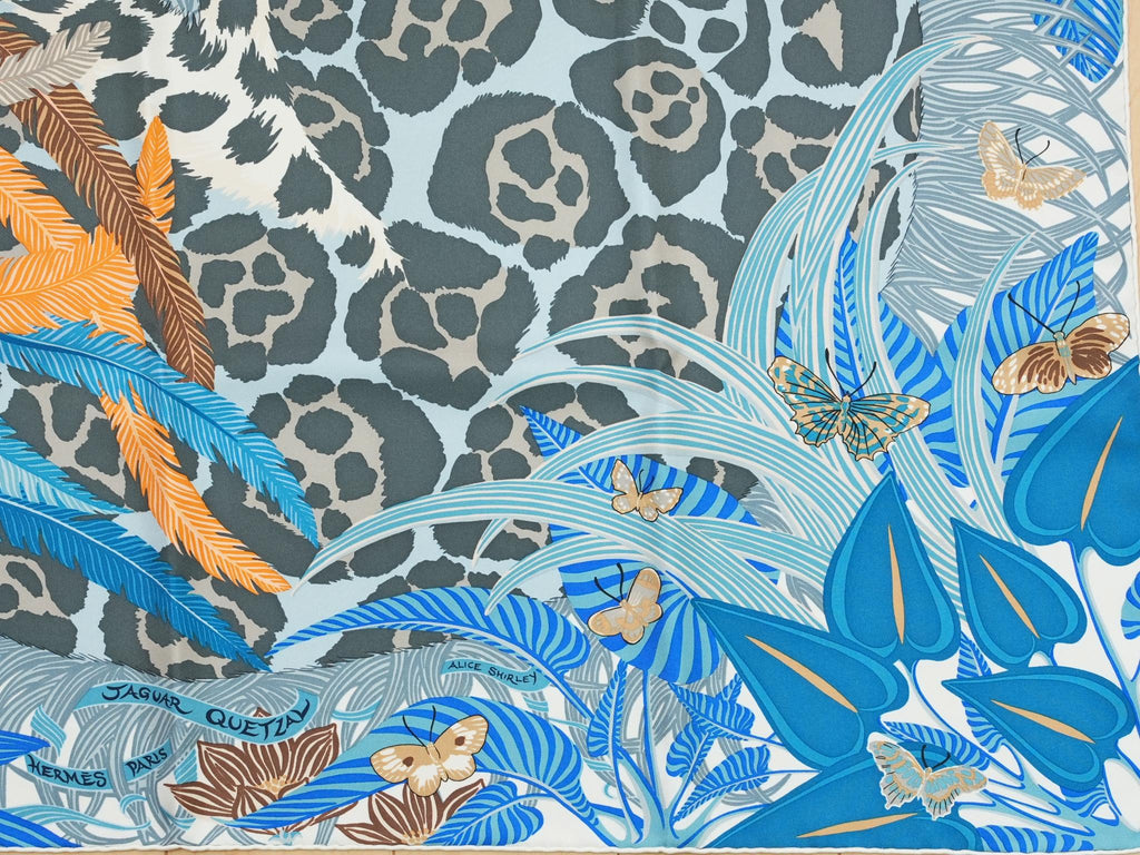 Hermes Scarf Jaguar Quetzal 90 cm Christine Henry silk blue animal Carre 057