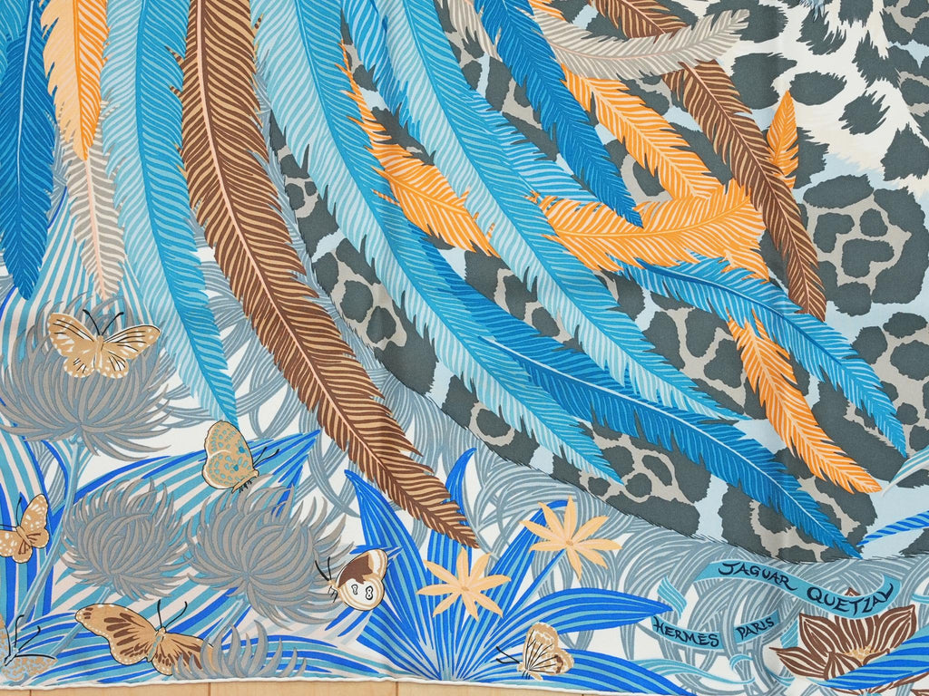 Hermes Scarf Jaguar Quetzal 90 cm Christine Henry silk blue animal Carre 057
