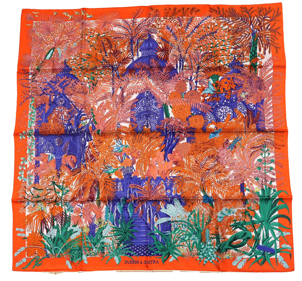 Hermes Scarf Jardin a Sintra 90 cm silk orange pink Carre flower garden 35"