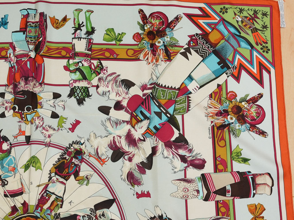 Hermes Scarf Kachina by Kermit Oliver 90 cm silk native light blue Carre 35" 0282