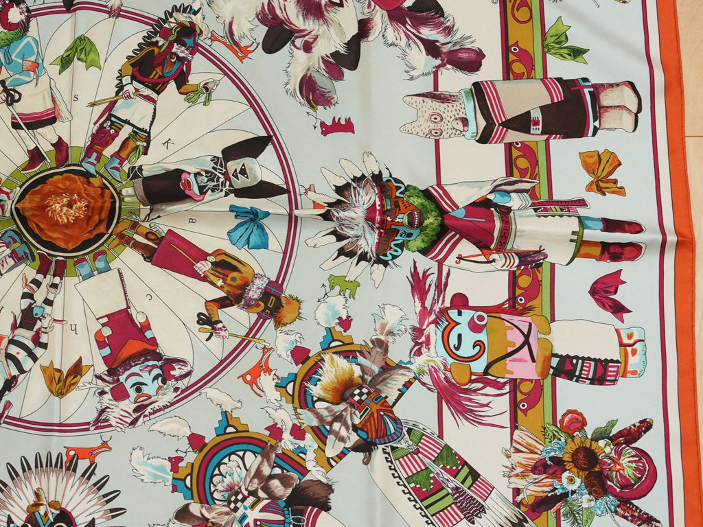 Hermes Scarf Kachina by Kermit Oliver 90 cm silk native light blue Carre 35" 0282