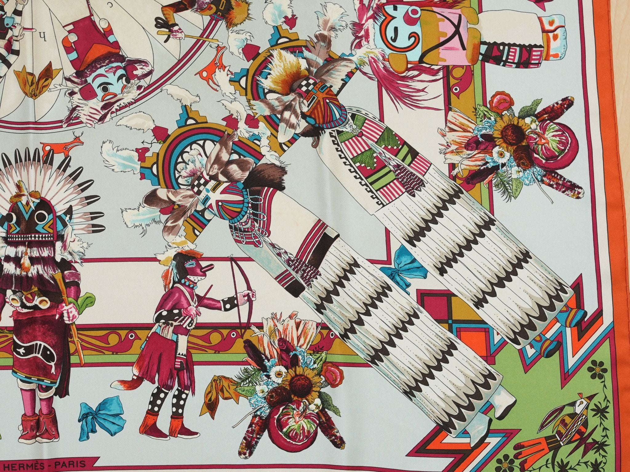 Hermes Scarf Kachina by Kermit Oliver 90 cm silk native light blue