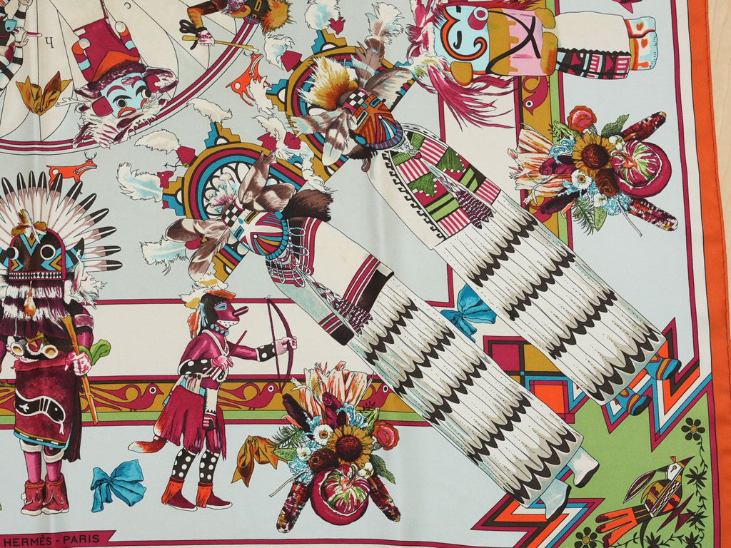 Hermes Scarf Kachina by Kermit Oliver 90 cm silk native light blue Carre 35" 0282