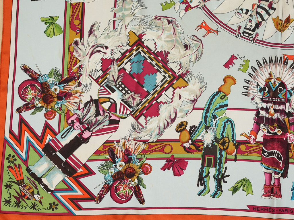 Hermes Scarf Kachina by Kermit Oliver 90 cm silk native light blue Carre 35" 0282