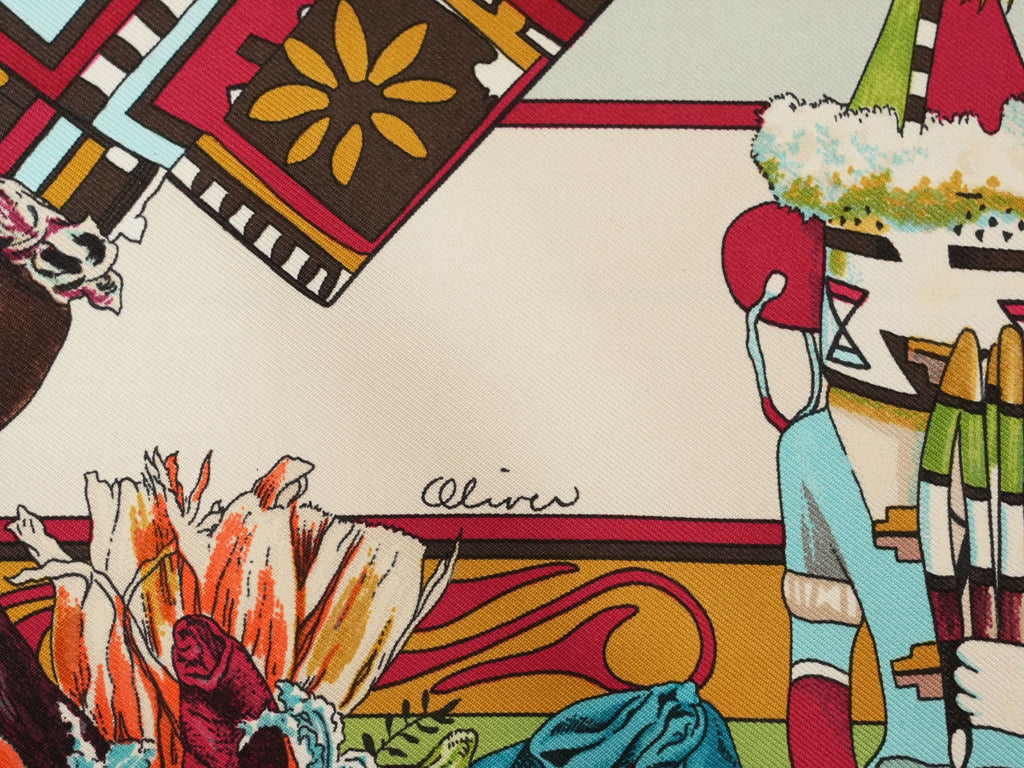 Hermes Scarf Kachina by Kermit Oliver 90 cm silk native light blue Carre 35" 0282