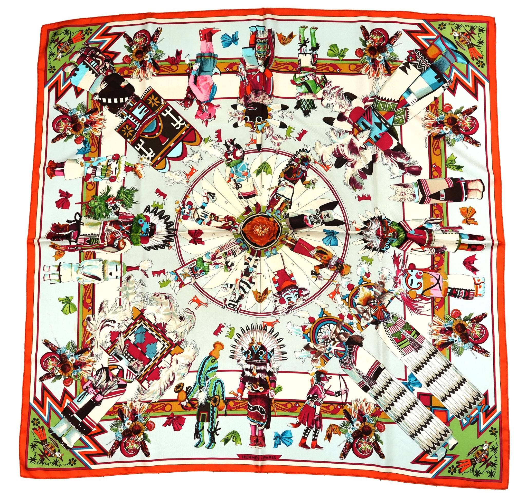Hermes Scarf Kachina by Kermit Oliver 90 cm silk native light blue