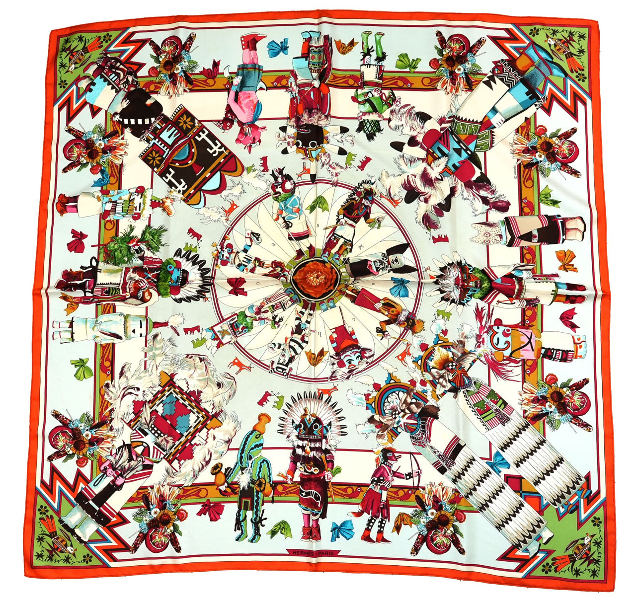 Hermes Scarf Kachina by Kermit Oliver 90 cm silk native light blue Carre 35" 0282