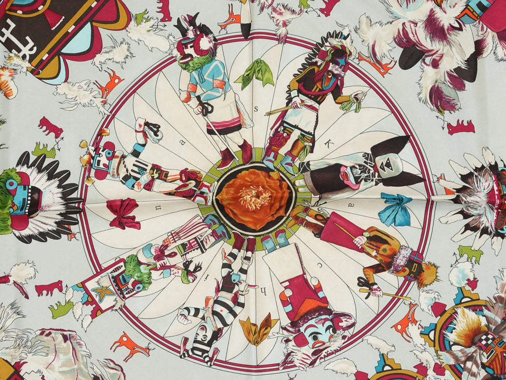 Hermes Scarf Kachina by Kermit Oliver 90 cm silk native light blue Carre 35" 0282