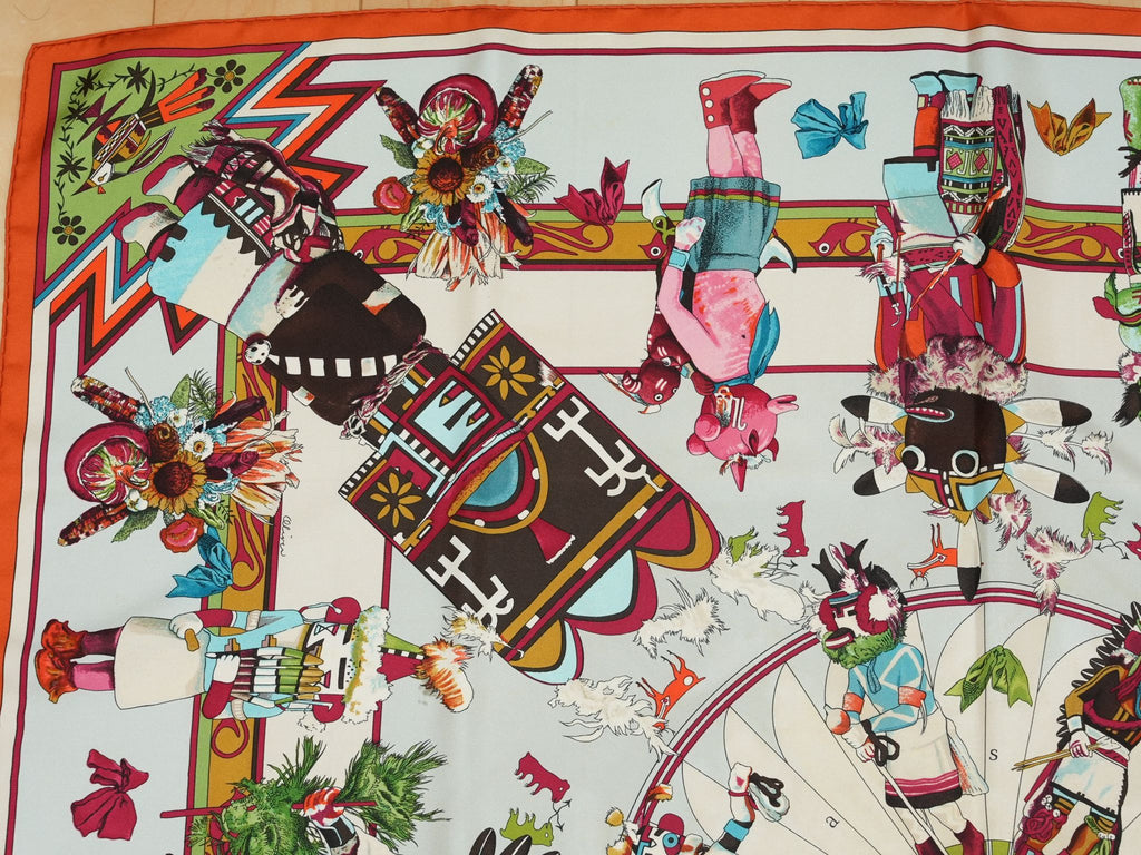 Hermes Scarf Kachina by Kermit Oliver 90 cm silk native light blue Carre 35" 0282
