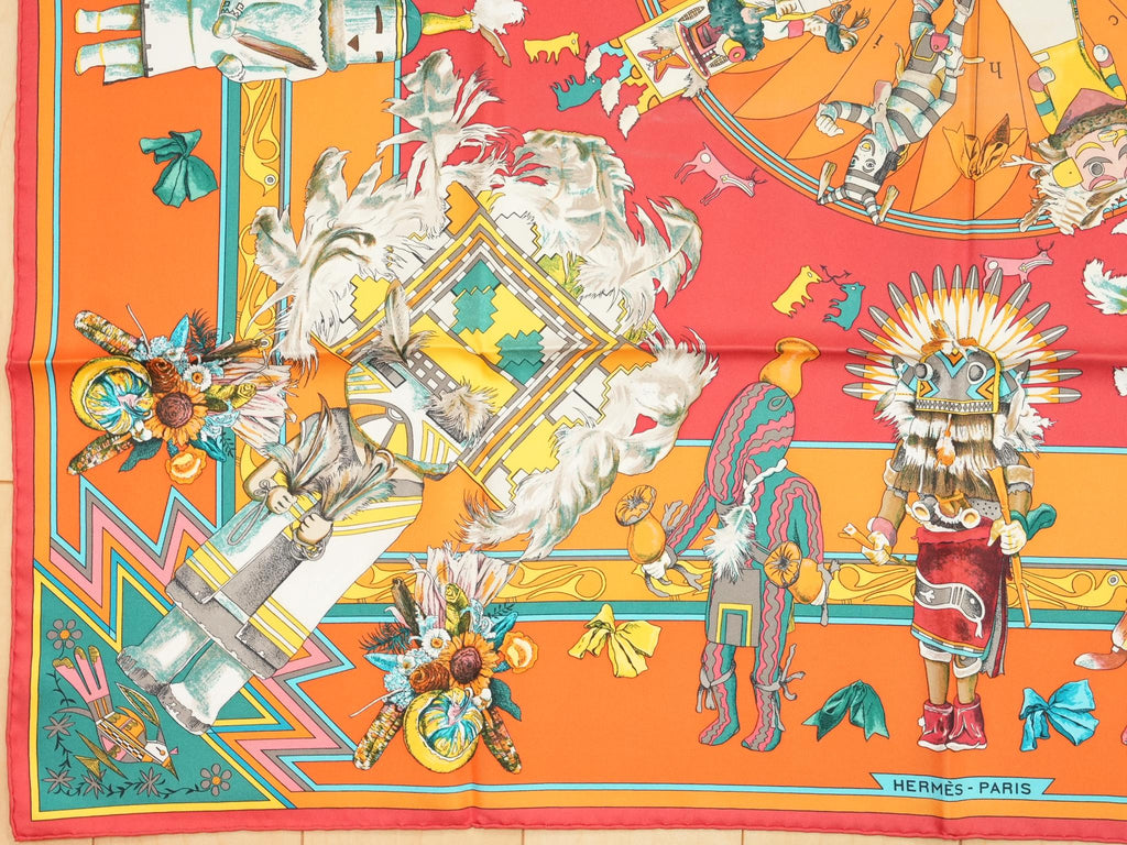 Hermes Scarf Kachina by Kermit Oliver 90 cm silk orange Carre 35" r054