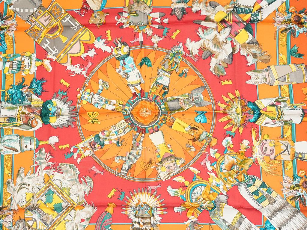 Hermes Scarf Kachina by Kermit Oliver 90 cm silk orange Carre 35" r054