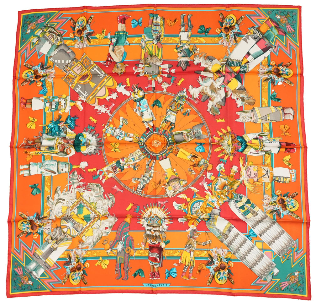 Hermes Scarf Kachina by Kermit Oliver 90 cm silk orange Carre 35" r054