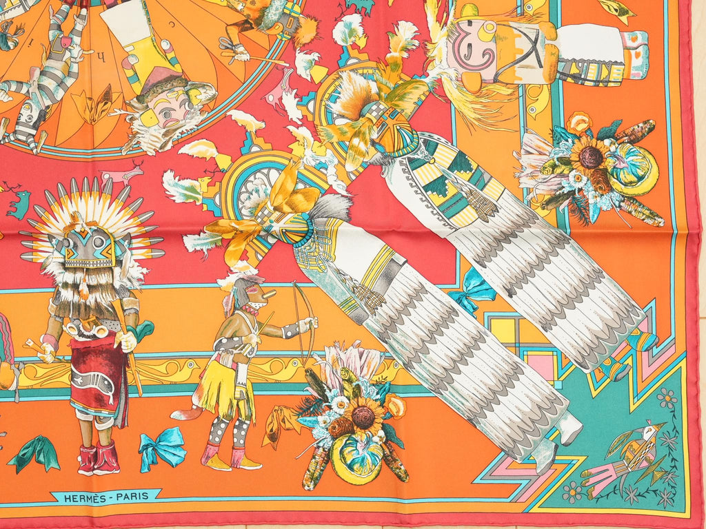 Hermes Scarf Kachina by Kermit Oliver 90 cm silk orange Carre 35" r054