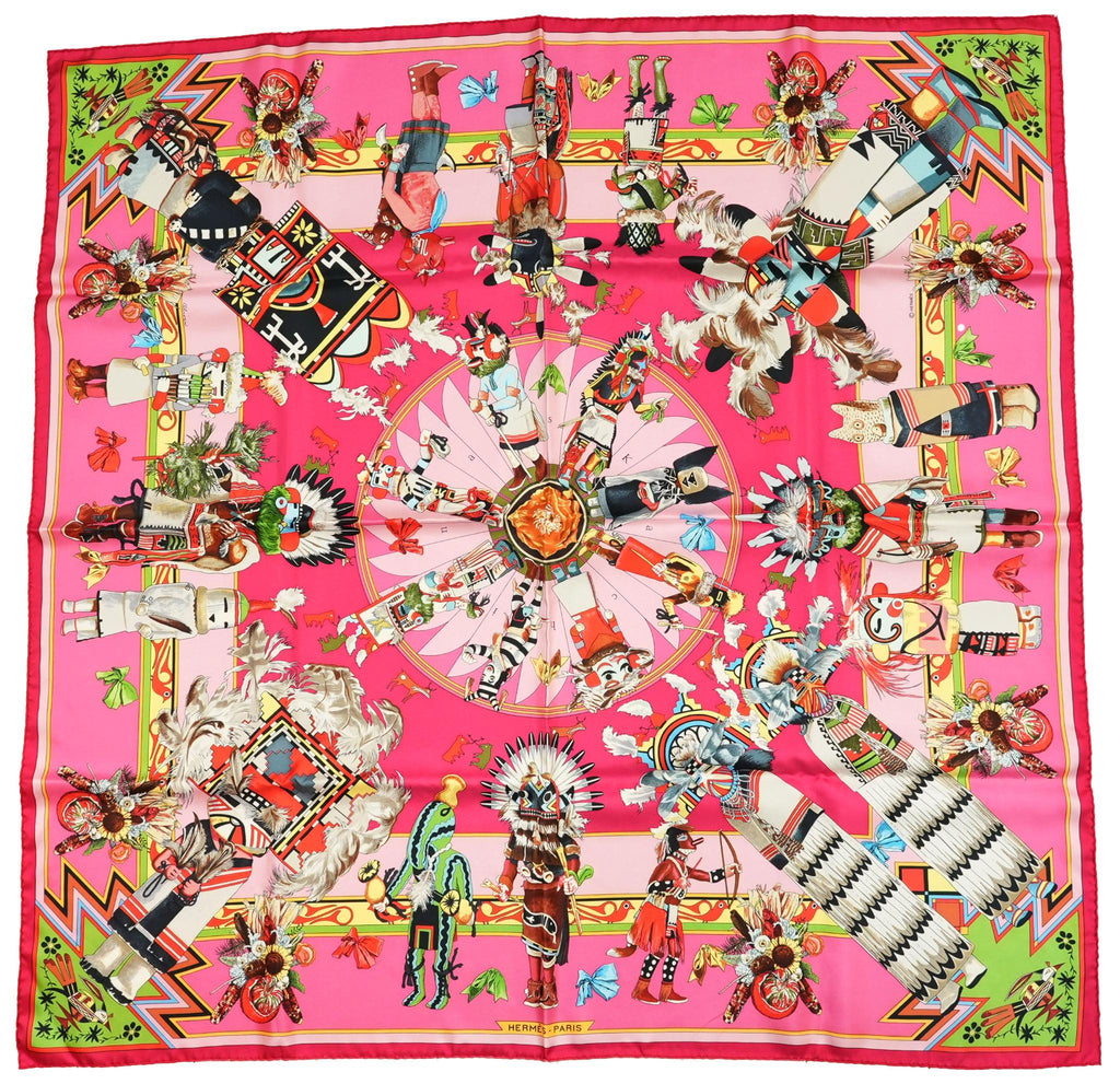 Hermes Scarf Kachina by Kermit Oliver 90 cm silk pink Carre 35" r06