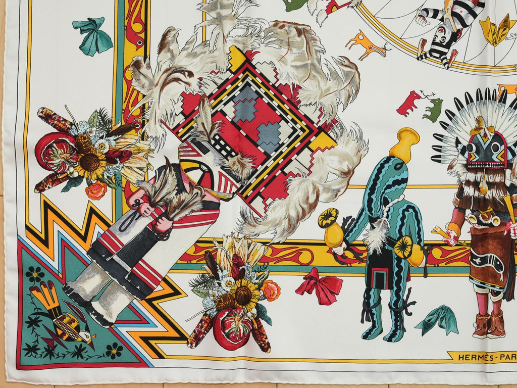 Hermes Scarf Kachina by Kermit Oliver 90 cm silk white Carre 35" 034