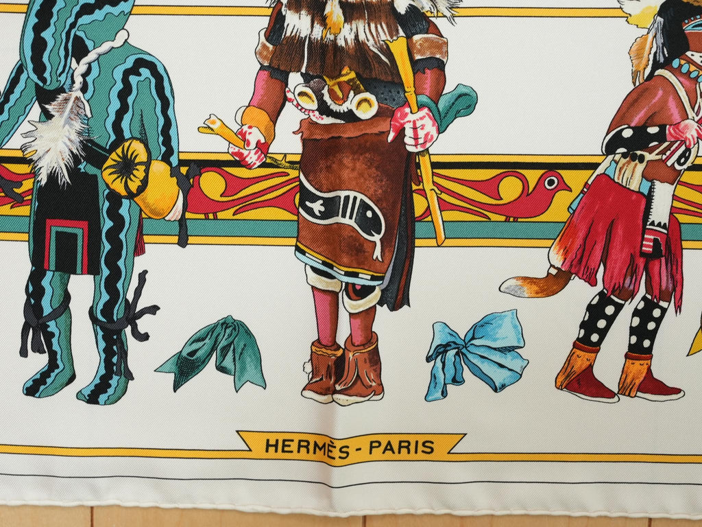 Hermes Scarf Kachina by Kermit Oliver 90 cm silk white Carre 35" 034
