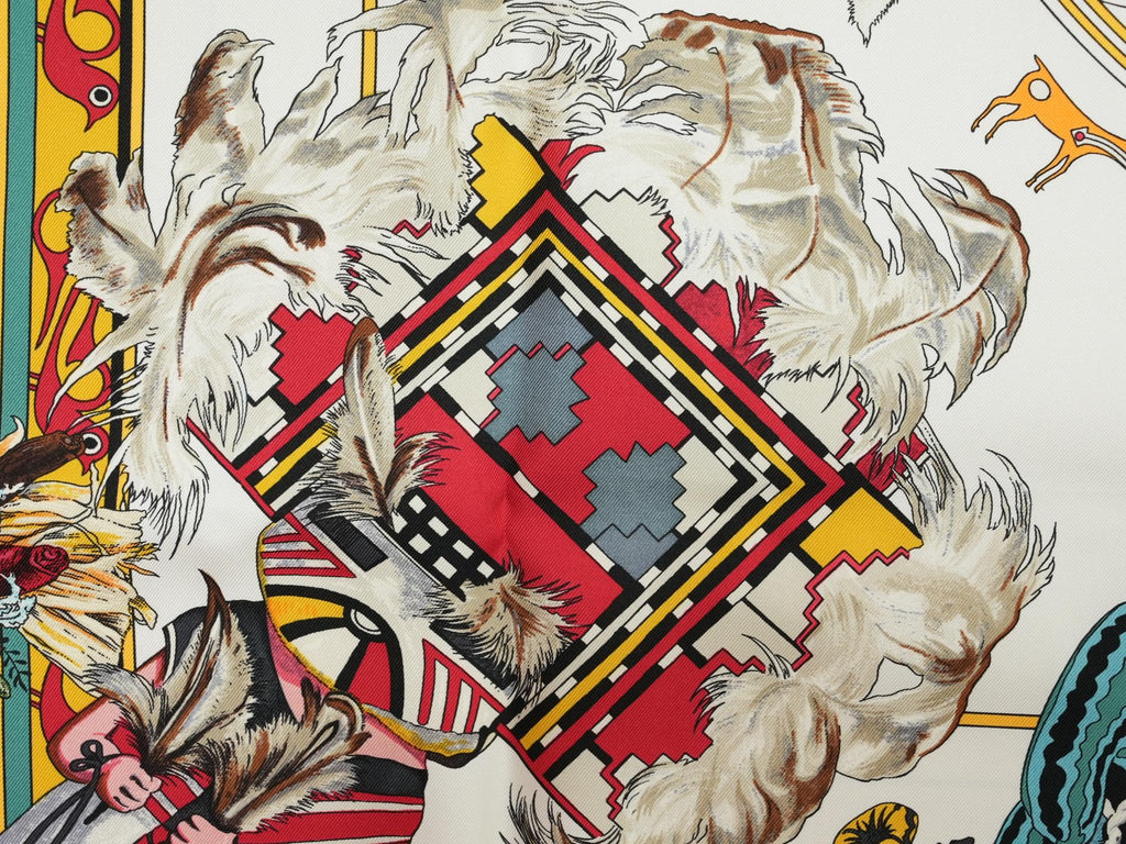 Hermes Scarf Kachina by Kermit Oliver 90 cm silk white Carre 35" 034