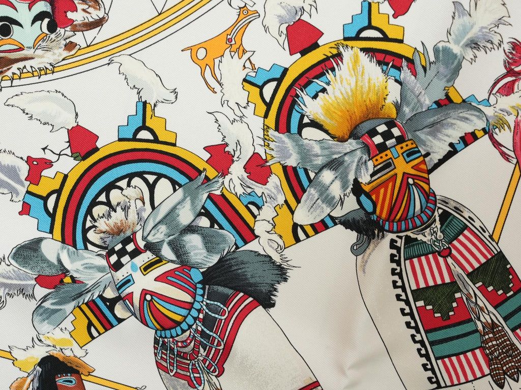 Hermes Scarf Kachina by Kermit Oliver 90 cm silk white Carre 35" 034
