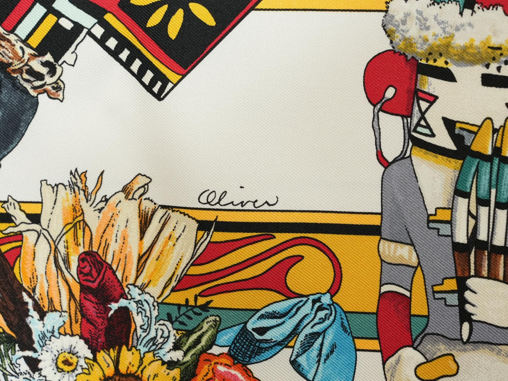Hermes Scarf Kachina by Kermit Oliver 90 cm silk white Carre 35" 034