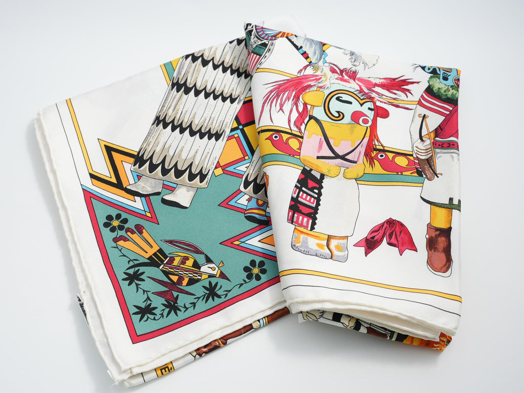 Hermes Scarf Kachina by Kermit Oliver 90 cm silk white Carre 35" 034