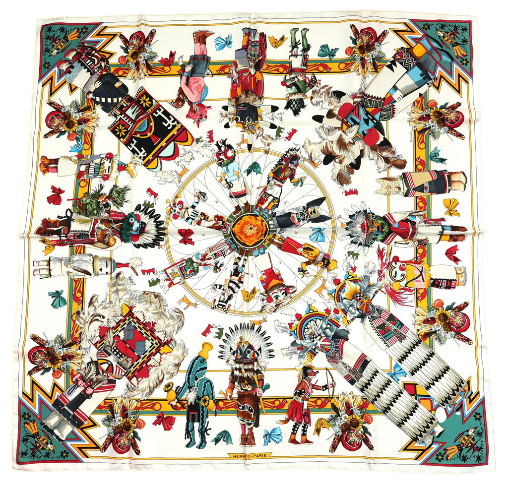 Hermes Scarf Kachina by Kermit Oliver 90 cm silk white Carre 35" 034