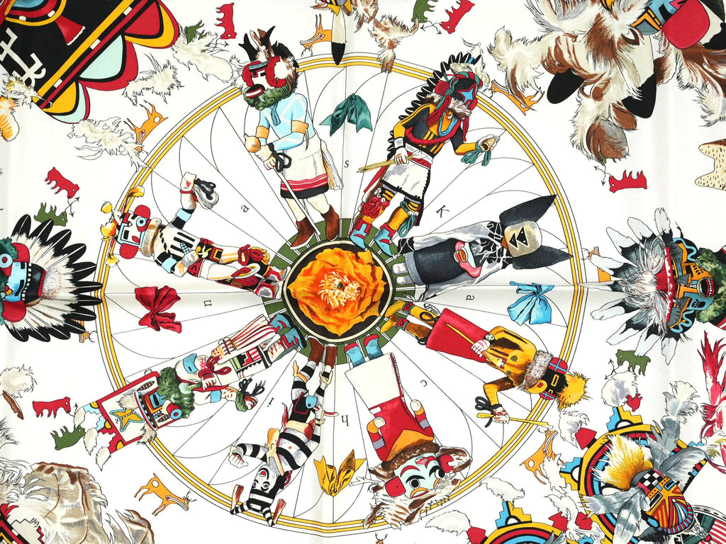 Hermes Scarf Kachina by Kermit Oliver 90 cm silk white Carre 35" 034