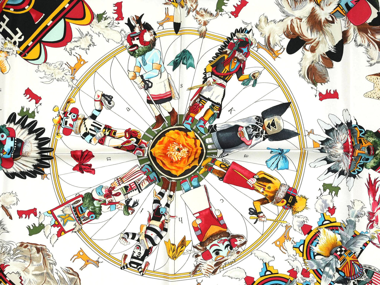 Hermes Scarf Kachina by Kermit Oliver 90 cm silk white Carre 35" 034