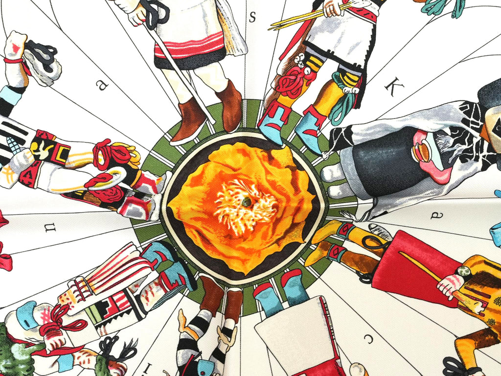 Hermes Scarf Kachina by Kermit Oliver 90 cm silk white Carre 35" 034