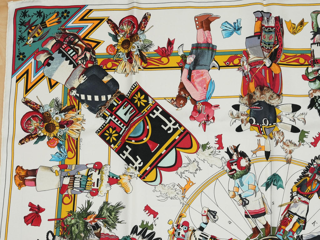 Hermes Scarf Kachina by Kermit Oliver 90 cm silk white Carre 35" 034