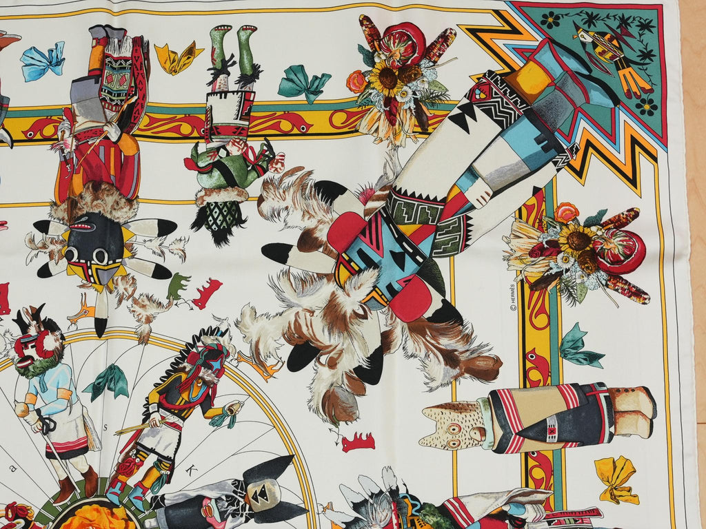 Hermes Scarf Kachina by Kermit Oliver 90 cm silk white Carre 35" 034