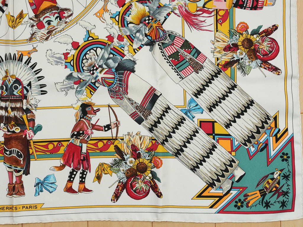 Hermes Scarf Kachina by Kermit Oliver 90 cm silk white Carre 35" 034