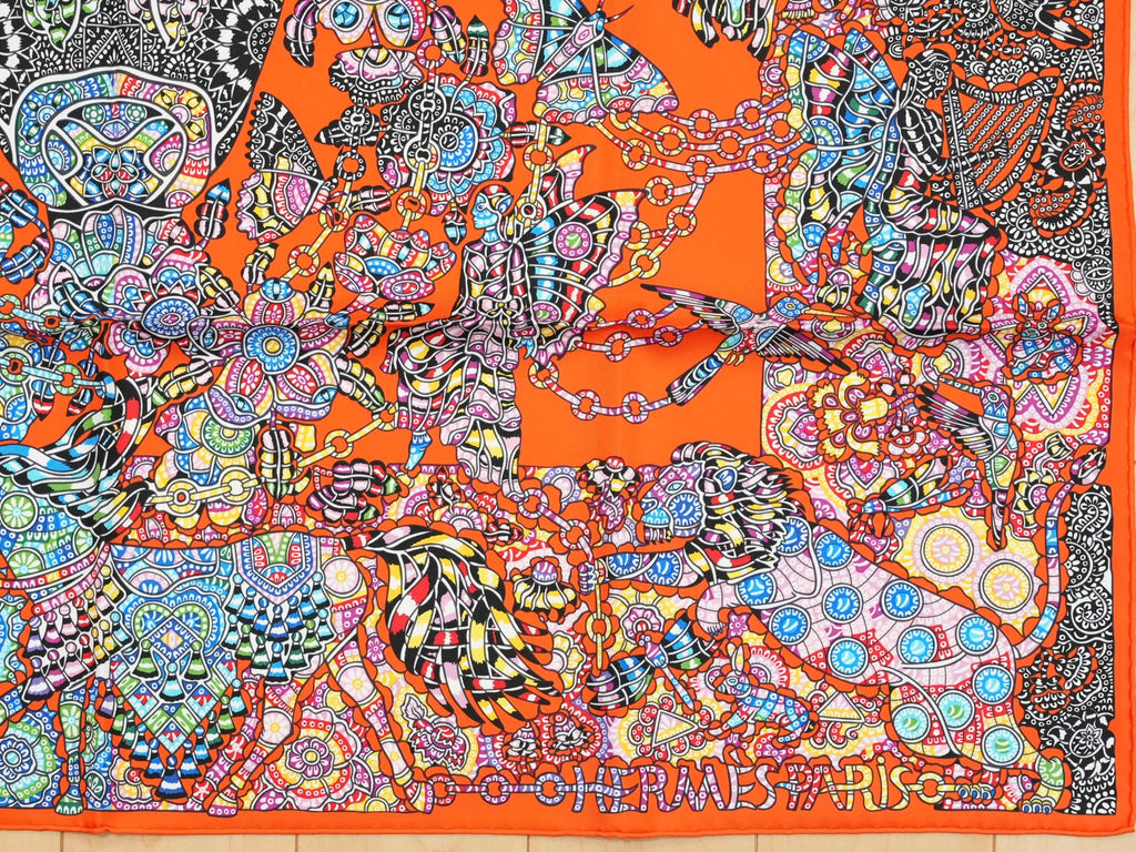Hermes Scarf La Legende de la Foret 90 cm silk orange red legend forest deer Carre 35"