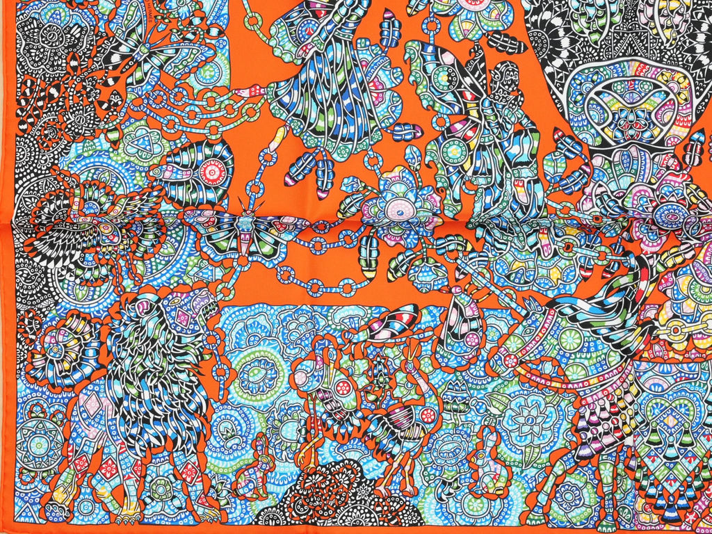 Hermes Scarf La Legende de la Foret 90 cm silk orange red legend forest deer Carre 35"