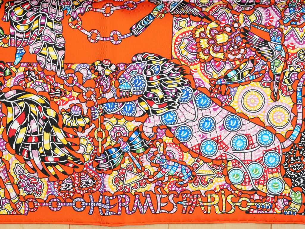 Hermes Scarf La Legende de la Foret 90 cm silk orange red legend forest deer Carre 35"