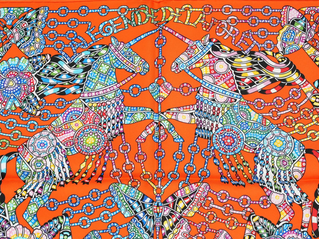 Hermes Scarf La Legende de la Foret 90 cm silk orange red legend forest deer Carre 35"