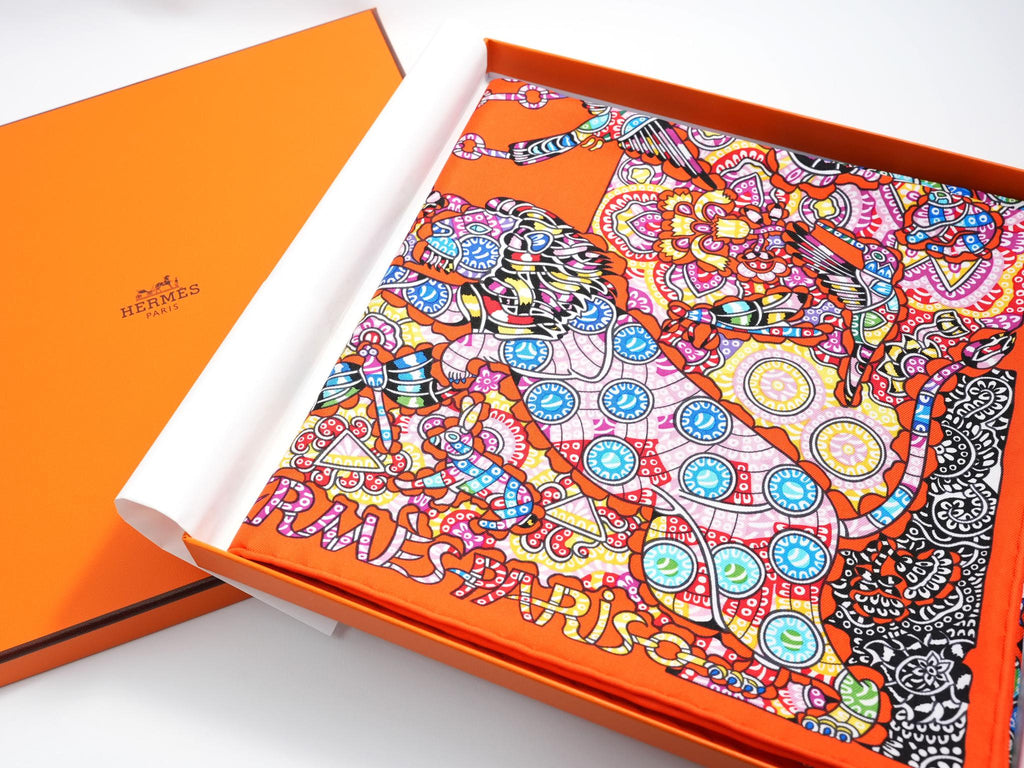 Hermes Scarf La Legende de la Foret 90 cm silk orange red legend forest deer Carre 35"