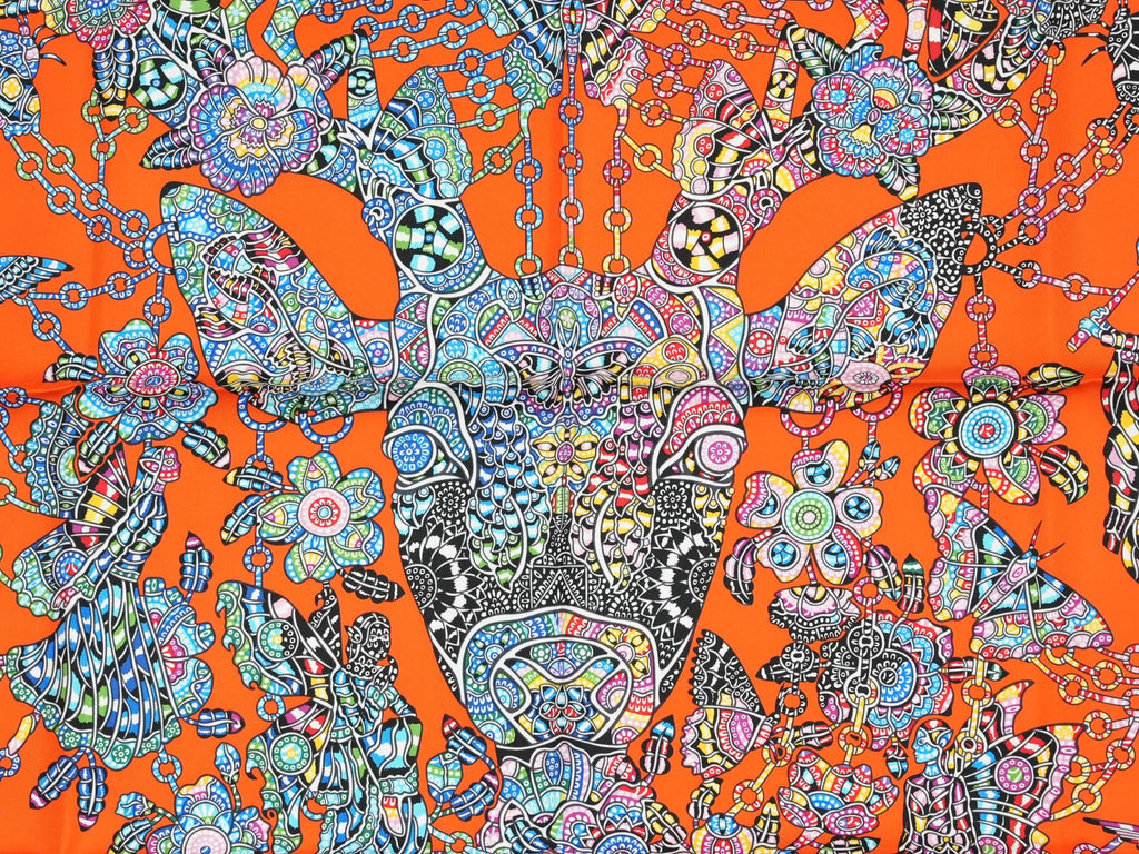 Hermes Scarf La Legende de la Foret 90 cm silk orange red legend forest deer Carre 35"