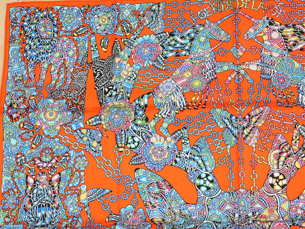 Hermes Scarf La Legende de la Foret 90 cm silk orange red legend forest deer Carre 35"