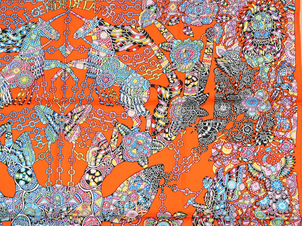 Hermes Scarf La Legende de la Foret 90 cm silk orange red legend forest deer Carre 35"