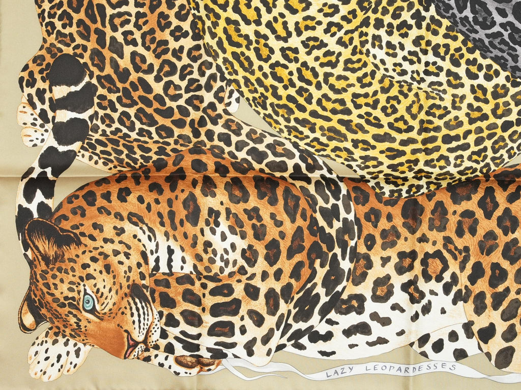 Hermes Scarf Lazy Leopardesses 90 cm silk camel beige Carre leopard animal 35"