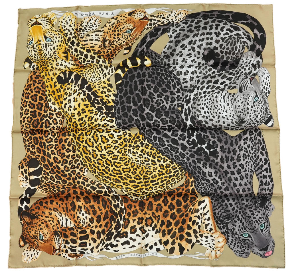 Hermes Scarf Lazy Leopardesses 90 cm silk camel beige Carre leopard animal 35"