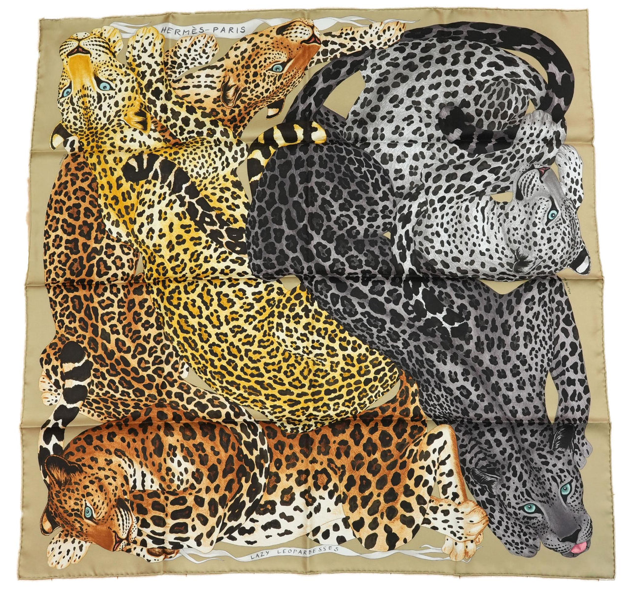 Hermes Scarf Lazy Leopardesses 90 cm silk camel beige Carre leopard animal 35"