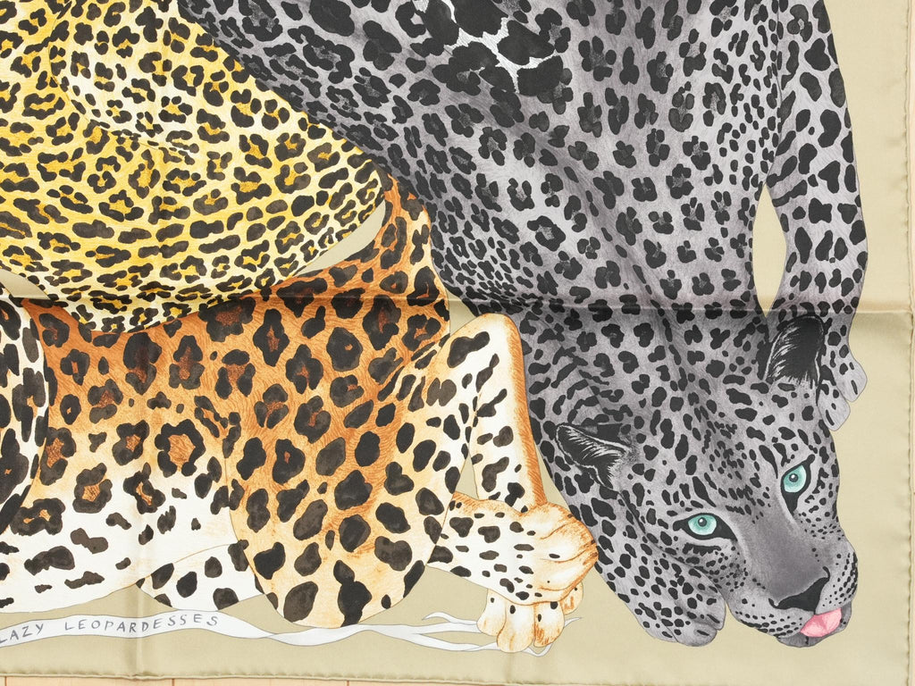 Hermes Scarf Lazy Leopardesses 90 cm silk camel beige Carre leopard animal 35"