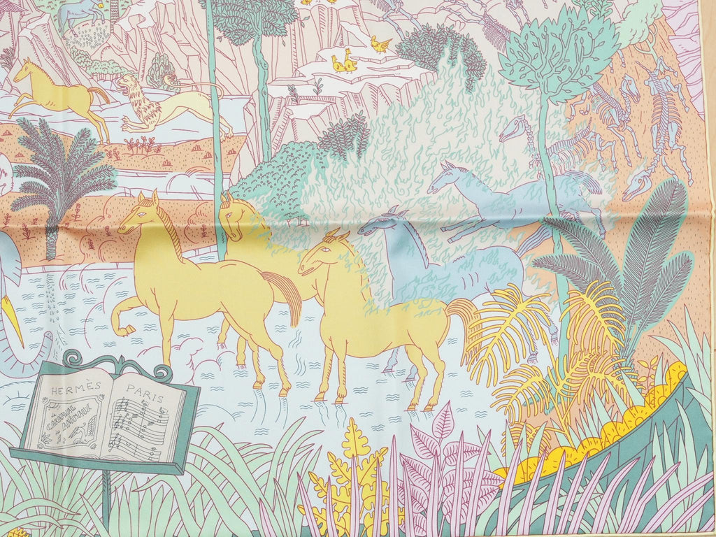 Hermes Scarf Le Carnaval des Animaux 90 cm silk pink blue Carre animal carnival 35"